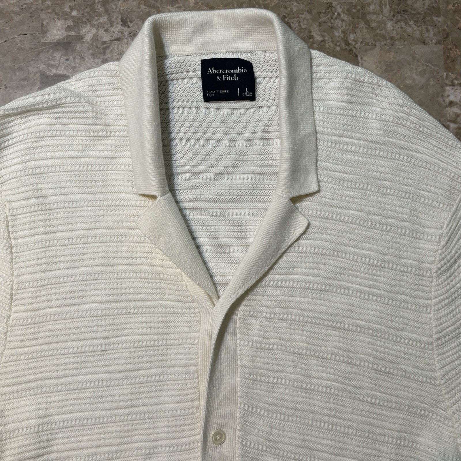 Abercrombie  Fitch Shirt Mens Large White Knit Crochet Sweater Johnny Collar